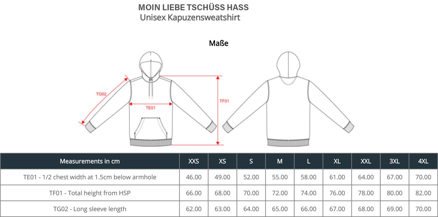 MOIN LIEBE TSCHÜSS HASS HOODIE